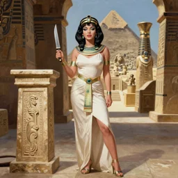 marilyn monroe with black short egyptian hair care and egyptian eye makeup, standing near altar, holding knife, full body, as anck su namun from movie mummy 1999, far, egyptian pyramid interior, rembrandt oil painting