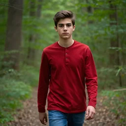 walking in forest, portrait, male teenager, dark shaped eyes, detailed face, brown hair, red shirt, blue jeans, realistic photo.