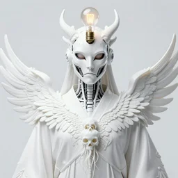 symmetrical beautiful phoenix princess monk in robe face portrait in biomechanical mask of a cyberpunk demon by Roberto Ferri. Edison bulb. white plastic. human skull jellyfish butterfly phoenix head, beautiful flowers. burning water. baroque ornament details, intricate artwork by Tooth Wu and wlop and beeple and dan mumford and greg rutkowski. halo. octane render, cinematic, hyper realism, octane render, 8k, depth of field, bokeh. iridescent touch. vibrant. saturated. blade runner style