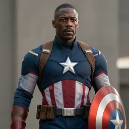 film still of Idris Elba as Captain America in new Avengers film, photorealistic 8k