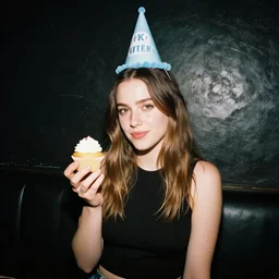 portrait photo still of aubrey plaza holding a cupcake wearing a birthday hat, in a dark and grimey club, 8 k, 8 5 mm f 1. 8