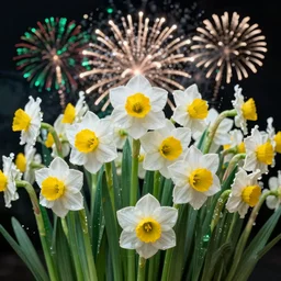 a group of narcissuses, white, yellow and green scheme, fireworks or explosive art, highly detailed, dramatic lighting, by cai guoqiang