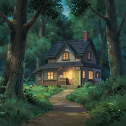 beautiful house on a forest path, beautiful ancient trees, hiding large treasure chest, serene evening atmosphere, soft lens, soft light, cel - shading, animation, in the style of cgsociety, deviantart, artstation, zbrush, cinema 4 d, studio ghibli, akihiko yoshida, atelier lulua, masamune shirow, mcbess