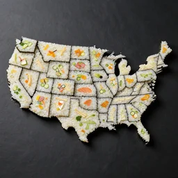 photo of the map of the USA made from sushi, map, accurate, in the style of onigiri sushi, 4K, photography