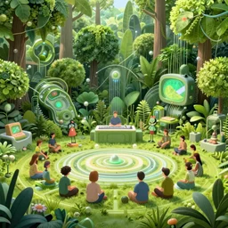 a post - singularity solarpunk harmonic green lush overgrown utopia in which wired up the ai synthesizer on the center stage highest goal is to induce the utmost state of happiness to its people by creating and playing music, blissful, unreal, 4 k, hyperrealistic, refraction, bryce 3 d, architecture, by victor henrich, art nouveau