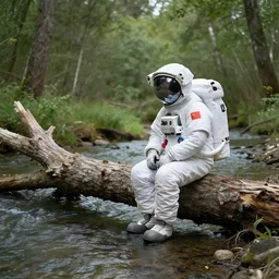 an astronaut sitting on a fallen tree by a river in a forest, a detailed matte painting by frieke janssens, featured on cgsociety, fantasy art, matte painting, reimagined by industrial light and magic, matte drawing