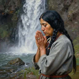 indigenous woman praying beside a waterfall, painted by lucian freud, hd, super detailed, realistic, muted colors