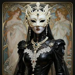 a cyborg with mask, black leather garment with art nouveau ivory accessories, intricate lace and jewels, cyberpunk, darksynth, luxury, concept art by greg rutkowski, extremely detailed, ominous, ethereal, artstation, andree wallin, edvige faini, balaskas, alphonse mucha, 8 k, octane render