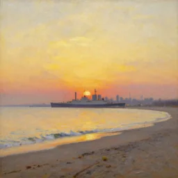 sunset on the beach, a huge steamboat city in the horizon, impressionism, oil on canvas, natural colors, horizon, golden hour, masterpiece, detailed, by gustave caillebotte
