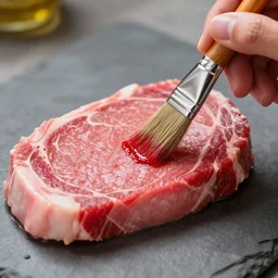 hand painting a steak red pink, paint brush, close up, dslr photo