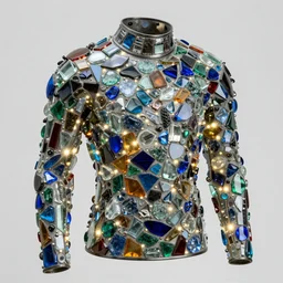 armor made of colored glass shards by chris wood, shining led lights inside, detailed 4 k photo