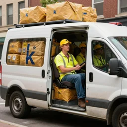 ellen degenerates driving a potato van filled with mailmen in pittsburgh real life, 8 k, 4 k uhd, realistic, hyper realistic, super detailed, very detailed, detailed