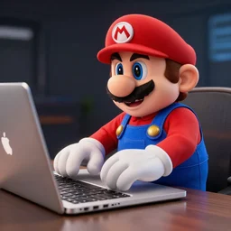 photo of super mario working on his macbook, highly detailed, extremely high quality, hd, 4 k, 8 k, professional photographer, 4 0 mp, lifelike, top - rated, award winning, realistic, detailed lighting, detailed shadows, sharp, no blur, edited, corrected, trending