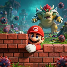 super mario hiding behind a brick wall from Giga Bowser in the distance in a destroyed kingdom, Resident Evil virus concept art, highly detailed, horror, scary, terrifying, horrific, hd 4k