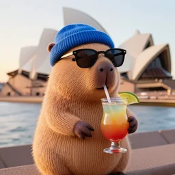 a photorealistic photograph of a knitted cute Capybara wearing sunglasses and dressed in a blue beanie cap sipping a refreshing Mai Tai cocktail drink while standing outside of the Sydney Opera House during sunset. This 4K HD image is Trending on Artstation, featured on Behance, well-rendered, extra crisp, features intricate detail and the style of Unreal Engine.