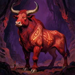 midjourney art style art deco shaded painted full body illustration of a male minotaur with glowing tribal skin markings in a dark cave environment with a bovine head, painterly, detailed, art - deco, red and purple palette : : 0. 3 by ralph mcquarrie, tamara de lempicka, alphonse mucha, rule of thirds, beautiful