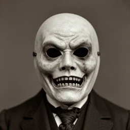 a head and shoulders portrait photograph of a victorian wearing a scary vintage halloween mask, 1 9 0 0 s picture