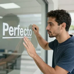 a cleaner man touching glass and saying perfecto