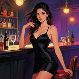 sensual beautiful young delhi girl wearing a western little black dress at a bar, epic scene, by victo ngai, kilian eng vibrant colours, dynamic lighting, digital art, winning award masterpiece, fantastically beautiful, illustration, aesthetically inspired by beksinski and dan mumford, trending on artstation, art by greg rutkowski, 8 k