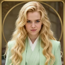 a young april with a mischievous face and extremely long blonde wavy hair dressed in a green pale suit, she is a jedi from star wars, intricate detailed face, artgerm, greg rutkowski, alphonse mucha