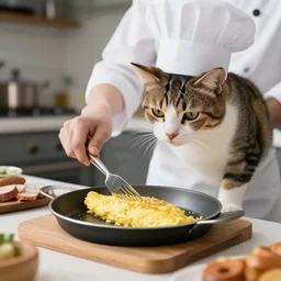 photo of a cat chef cooking an omelette