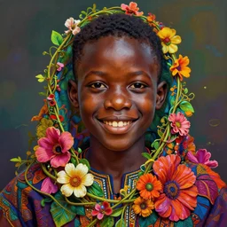 colourful vfx art - portrait of smiling nigerian boy wrapped in flowers & vines, art by hsiao - ron cheng & james jean, volumetric light, ray tracing, sharp, detailed, digital painting, illustration, highly detailed, intricate detail, unreal engine, octane render, pinterest, behance, art station,