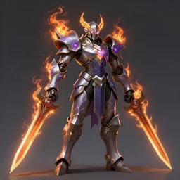 a highly detailed illustration of futuristic cyber knight with flaming plume with arm blades, rigid bulky armor, glowing purple line cracks in armor, dramatic standing pose, intricate, elegant, highly detailed, centered, digital painting, artstation, concept art, smooth, sharp focus, league of legends concept art, WLOP