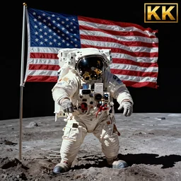 fantasy illustration of american moon landing with american flag in 8 k