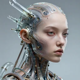 biopunk cyborg portrait by julie bell, intricate biopunk patterns, glass tubing, detailed!, very sharp!!!