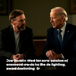 “Very photorealistic screenshot of Joe Biden and Walter White meeting in an episode of Breaking Bad, atmospheric lighting, award-winning”