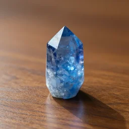 a blue cystal in the wood table