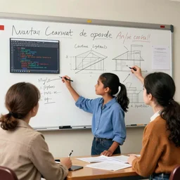 an e - girl learning python and two women working on a architecture problem on a whiteboard in the style of a norman rockwell painting