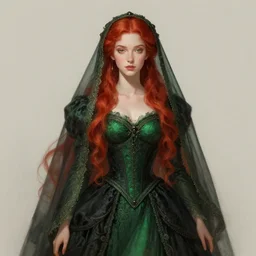 red - haired queen, beautiful, feminine, pretty, long - hair, all covered green - black dress and veil, fantasy, dressed!!!! intricate, elegant, highly detailed, digital painting, artstation, concept art, smooth, sharp focus, illustration, art by gaston bussiere and greg rutkowski