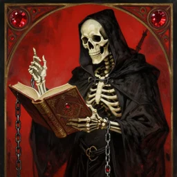 A grim dark magic art nouveau painting of a skeleton sorcerer chanting while holding a big grimoire with chains, in the style of Julia Yurtsev and Darkchylde, Ruby insets, fantasy skull, muted colours, vibrant reds, 4k, trending on artstation, pinterest, pixiv