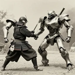 old photo of a samurai fighting a cybernetic robot soldier