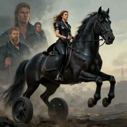 masterpiece concept art, a beautiful highly detailed destiny lady rides a giant black horse on wheels, cinematic moody colors, realistic shaded lighting poster by ilya kuvshinov, magali villeneuve, artgerm, jeremy lipkin and michael garmash and rob rey