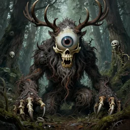 hyperdetailed art nouveau portrait of treebeard as a cthulhu eyeball skull wendigo monster, by micheal whelan, simon bisley and bill sienkiewicz, grim yet sparkling atmosphere, photorealism, claws, skeleton, antlers, fangs, forest, wild, crazy, horror, lynn varley, lovern kindzierski, steve oliff