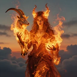 symmetry! half length portrait of a bautiful firy witch girl burning with a goat in her hands, glowing fire, clouds, sunset, studio light, by mikhail vrubel, by peter elson, muted colors, extreme detail, trending on artstation, 3 5 mm, 8 k