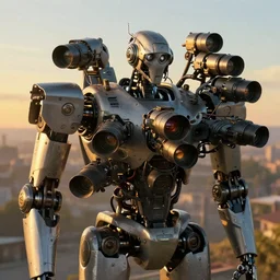 a robot conformed by reflex cameras, reflex cameras in his body, rutkowski, rhads, ferdinand knab, makoto shinkai lois van baarle, ilya kuvshinov, rossdraws, tom bagshaw, global illumination, intricate, detailed, atmospheric lighting, golden hour