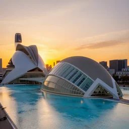 sunrise over a city of arts and sciences, macro photography, digital art by greg rutkowski, trending on artstation