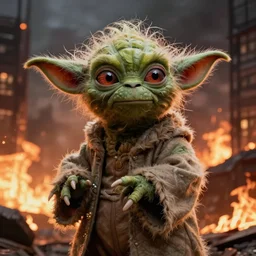 zombie yoda as a zombified zombie in the walking dead, photograph, hyperrealistic, burning fire city background