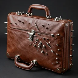 a brown briefcase with dangerous metal spikes coming out of it