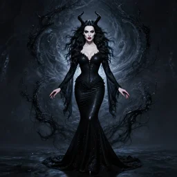 style of charlie bowater : : gorgeous willa holland : : evil witch, swirling black magic, black dress : : symmetrical face, symmetrical eyes : : full body pose : : gorgeous black hair : : magic lighting, low spacial lighting : :