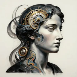 epic concept art. abstract female face silhouette mixing with black and color liquid fluid. abstract sculpture. art deco swirls. masterpiece, michelangelo. concept art, matte painting. greg rutkowski, wlop, victo ngai, kandinski. mechanical astral clockworks, macrodetail of clock, time. liminal space