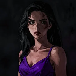 neo - noir, cell shaded, portrait of a woman in a purple dress, dark background, moody lighting, detailed, thick line art, dark shadows, artstation, photoshop, trending, grunge, high contrast, octane render, dark background