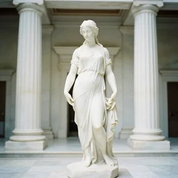 a full body marble statue of a young woman wearing an billowing dress, inside a white marble temple with colums, in the style of irakli nadar, soft lighting, film photography, high detail