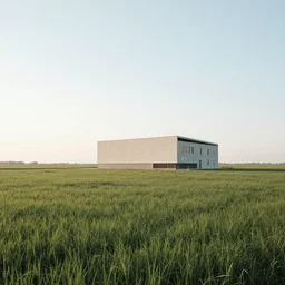 A serene landscape with a singular building in the style of 2 points perspective.