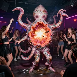 a hideous glob of what looks like people, but is actually a teratoma, covered in floral tattoos dancing in a radical squid designed nightclub, moulded around a group of teens on drugs. dynamite has just exploded from inside their chests.