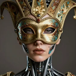 A close-up portrait of a beautiful female cyborg wearing an intricate venetian mask by Alphonse Mucha, exposed inner structure, glowing eyes, wlop, trending on artstation