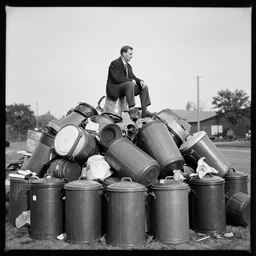 a man sitting on top of a pile of trash cans in year 1 9 5 5, a black and white photo by louis stettner, flickr contest winner, ashcan school, ilford hp 5, calotype, provia